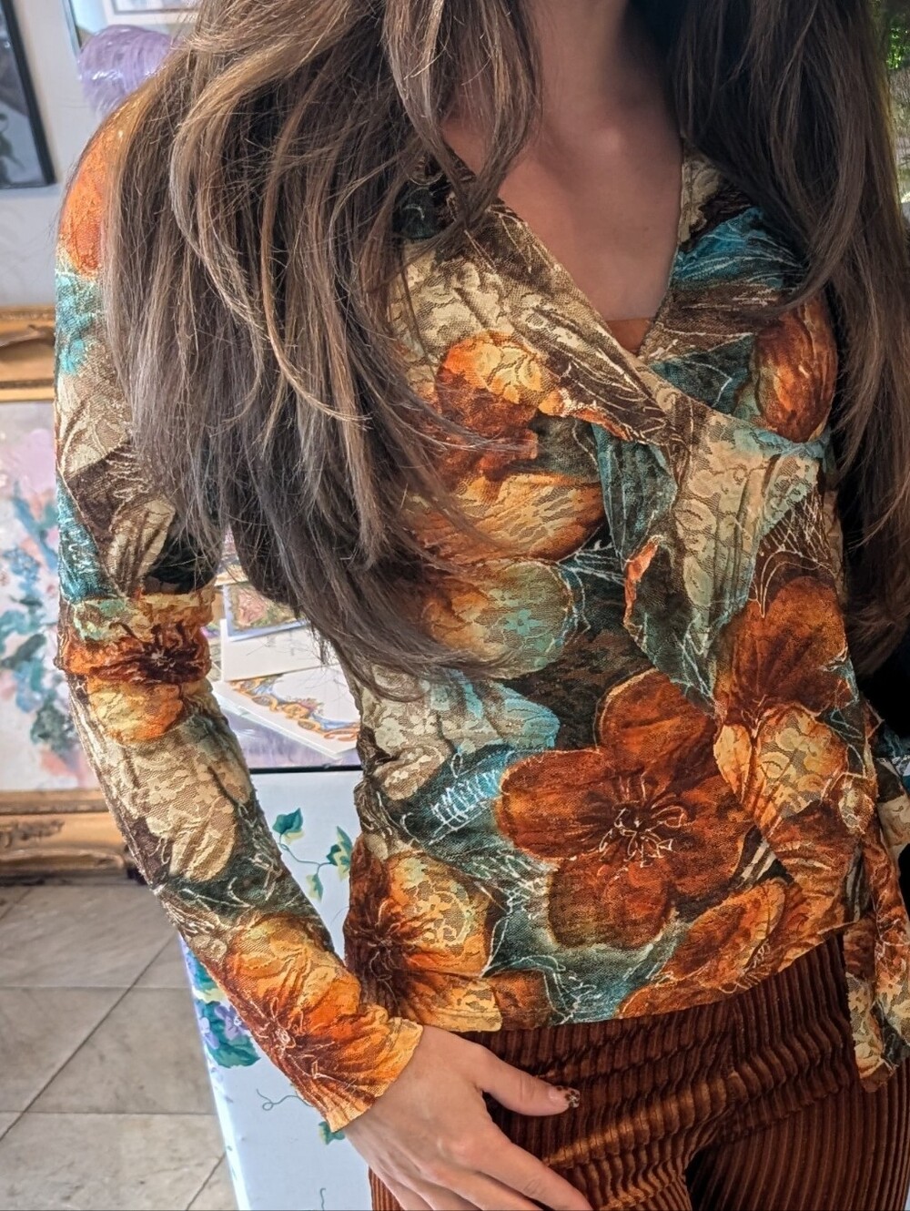 Vintage Floral Wrap Blouse in Rust and Teal